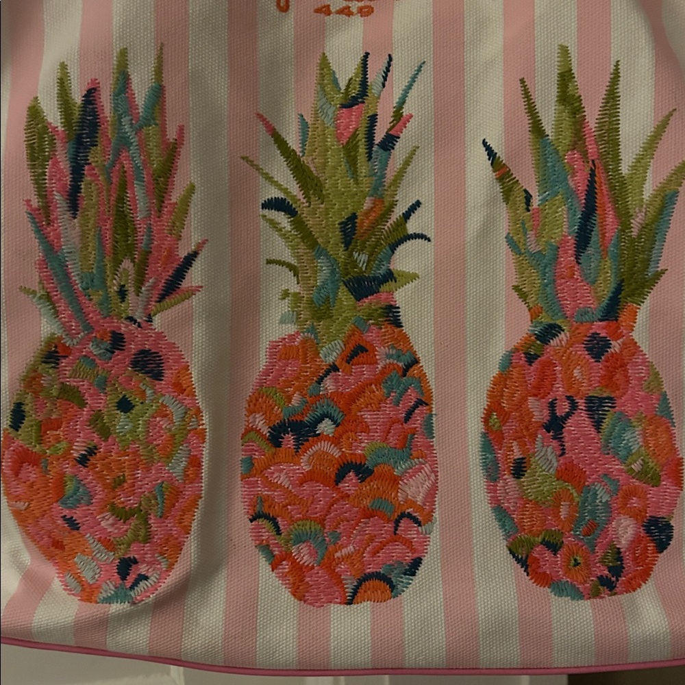 NWT Spartina 449 Pink & White Striped Moreland Pineapple Embroidered Beach Tote - Picture 3 of 8